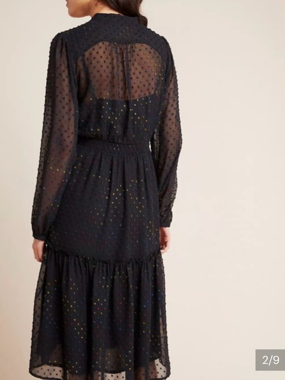 Anthropologie Audrey Clip Dot Black Textured Long-Sleeve Midi Dress - Picture 2 of 8